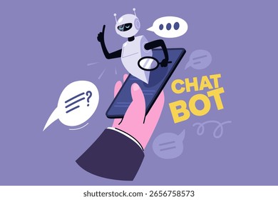 Colorida Ilustración vectorial de un asistente de chatbot que sale de un teléfono inteligente, que simboliza la comunicación, la Asistencia al cliente y la interacción digital moderna de la IA a través de App móviles.