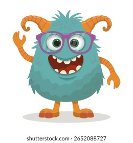 Colorful vector illustration of a cheerful cartoon monster waving enthusiastically. Featuring vibrant colors, big eyes, and horns, this character exudes friendliness and joy.