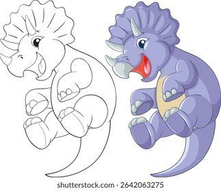 Colorful vector illustration of a cheerful triceratops in cartoon style, featuring bold outlines and vibrant purple hues