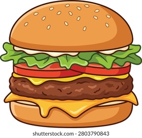 A colorful vector illustration of a cheeseburger with sesame seed bun, lettuce, tomato, and melted cheese. Isolated on a white