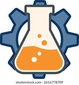 Colorful vector illustration of a chemical flask filled with liquid in front of a gear, symbolizing STEM, innovation, and applied sciences.
