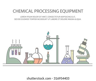 Colorful vector illustration of chemical processing equipment - Beaker, burner, test tubes, microscope, retorts - and place for text. Linear design. Concept design for chemistry, medicine, science etc
