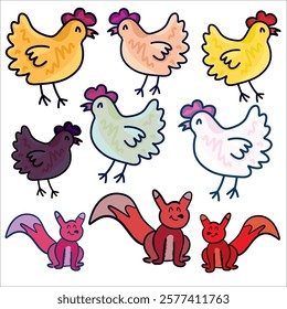 Colorful vector illustration: chicken and fox set ready to print, child colorbook characters