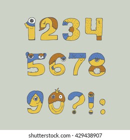 Colorful vector illustration with childish numbers monster font, isolated on background. Hand drawn digit sequence from 1 to 9, good for kids cartoon, lettering, design, dedicated to monsters, aliens.