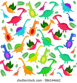 Colorful Vector Illustration Of Childish Seamless Dinosaur Pattern. Perfect for Wallpaper, Wrapping Paper, Book Covers And Background Of Baby Shower Invitations / Cards