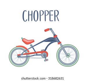 Colorful vector illustration of chopper bicycle and lettering isolated on white background