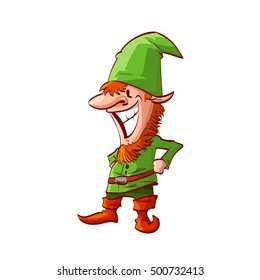 Colorful vector illustration of a christmas elf with green clothes and red beard and hair