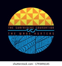 Colorful vector illustration of circle with graphic and geometric elements, with text related to surfing.