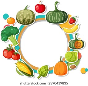 Colorful vector illustration of a circular banner frame with a variety of food, fruits, and vegetables surrounding it