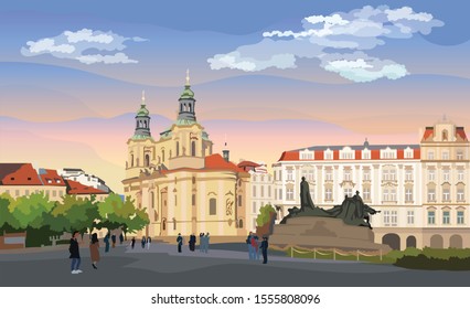 Colorful vector Illustration. Cityscape of St. Nicholas church and Jan Hus Memorial. 
Landmark of Prague, Czech Republic. Colorful vector illustration of landmark of Prague.
