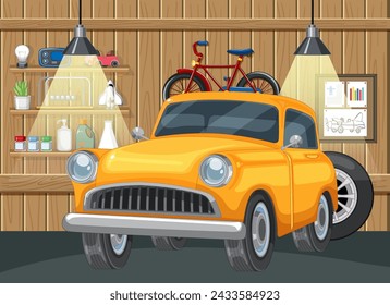 Ilustración vectorial colorida de un coche y una bicicleta clásicos