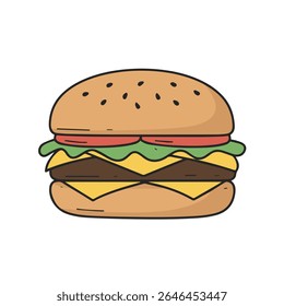 Ilustração vetorial colorida de um cheeseburger clássico com pão de gergelim, alface, tomate, queijo e empada de carne suculenta. Perfeito para fast food, restaurante e projetos relacionados à comida