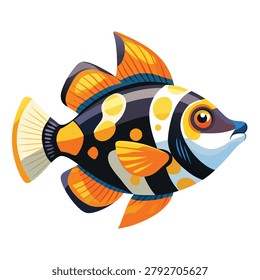 Colorful vector illustration of a clown triggerfish featuring a bold black body, bright white spots, and vibrant yellow-orange patterns. Designed in a modern flat vector style with smooth shapes and subtle gradient detailing, this tropical reef fish is isolated on a clean white background. Perfect for marine life collections, aquarium design, educational materials, and professional stock illustration use. Scalable EPS vector format with high-quality premium finish and centered composition.