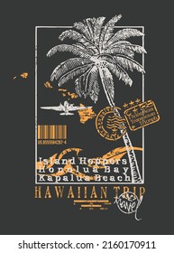 Colorful vector illustration of coconut tree silhouette and old plane with text alluding to the trip to Hawaii.