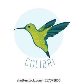 Colorful vector illustration of colibri or hummingbird and lettering