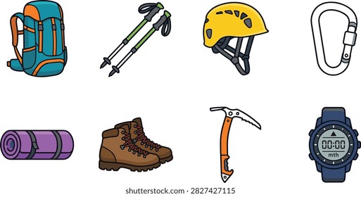 A colorful vector illustration collection of essential outdoor hiking, mountaineering, and camping equipment isolated on a white background. Ideal for adventure travel websites, outdoor gear shops, trekking guides, infographics, and mobile apps.