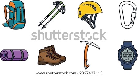 A colorful vector illustration collection of essential outdoor hiking, mountaineering, and camping equipment isolated on a white background. Ideal for adventure travel websites, outdoor gear shops, trekking guides, infographics, and mobile apps.