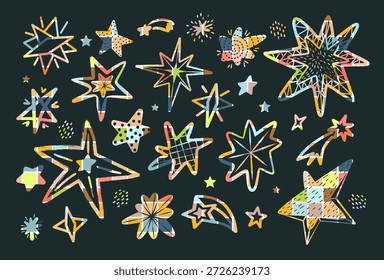 Colorida colección de Ilustración vectorial con una colección de estrellas abstractas con varios patrones y texturas sobre un fondo oscuro. Ideal para proyectos de diseño creativo y decoraciones.