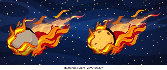 Colorful vector illustration of comets, asteroids, and meteors on a space background