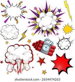 Colorful vector illustration of comic book explosions, lightning bolts, and dynamic clouds in a bold, pop art style with halftone effects
