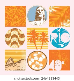 Colorful vector illustration of composition with tourist attractions in the city of Rio de Janeiro, Brazil. Stylized art representing the city in summer.