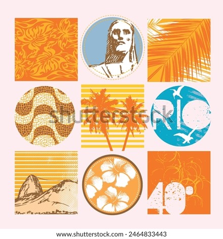 Colorful vector illustration of composition with tourist attractions in the city of Rio de Janeiro, Brazil. Stylized art representing the city in summer.