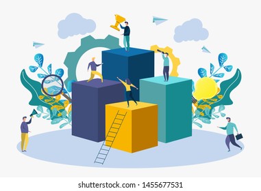 Colorful vector illustration, concept of achieving the vector business goal, winner with a golden cup in his hand, first place, number one, holiday.