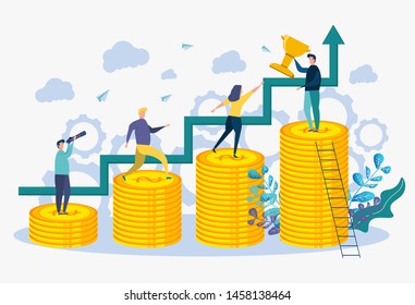 Colorful vector illustration, concept of achieving the vector business goal, winner with a golden cup in his hand, first place, number one, holiday.