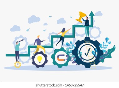 Colorful vector illustration, concept of achieving the vector business goal, winner with a golden cup in his hand, first place, number one, holiday.