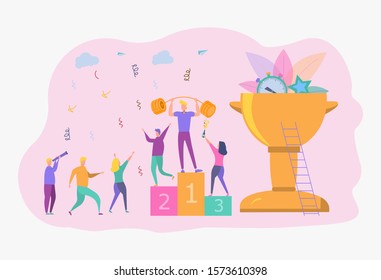 Colorful vector illustration, concept of achieving the vector business goal, winner with a golden cup in his hand, first place, number one, holiday.