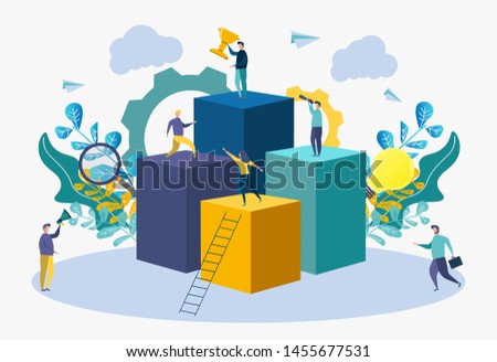 Colorful vector illustration, concept of achieving the vector business goal, winner with a golden cup in his hand, first place, number one, holiday.