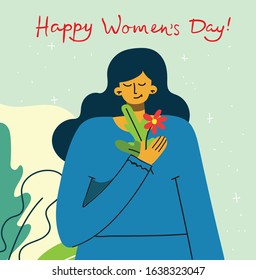 Colorful vector illustration concept card of Happy Woman's internarional day. Happy female friends, union of feminists, sisterhood holding the placard in flat design