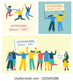 Colorful vector illustration concept cards of Happy Woman's international day . Happy female friends, union of feminists, sisterhood holding the placard in flat design 