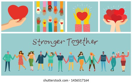 Colorful vector illustration concept cards of Happy Woman's internarional day . Happy female friends, union of feminists, sisterhood and hearts with hearts in flat design