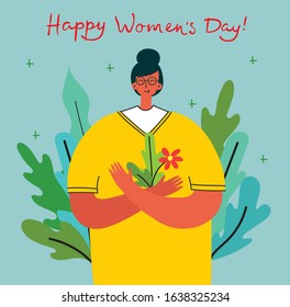 Colorful vector illustration concept cards of Happy Woman's internarional day. Happy female friends, union of feminists, sisterhood holding the placard in flat design