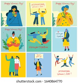 Colorful vector illustration concept cards of Happy Woman's internarional day. Happy female friends, union of feminists, sisterhood holding the placard in flat design