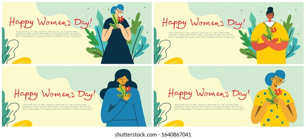 Colorful vector illustration concept cards of Happy Woman's internarional day. Happy female friends, union of feminists, sisterhood holding the placard in flat design