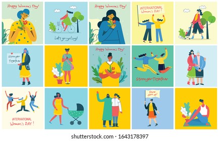 Colorful vector illustration concept cards of Happy Woman's internarional day. Happy female friends, union of feminists, sisterhood holding the placard in flat design