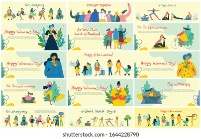 Colorful vector illustration concept cards of Happy Woman's internarional day. Happy female friends, union of feminists, sisterhood holding the placard in flat design