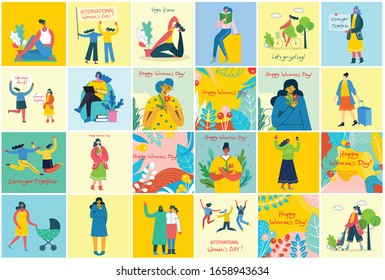 Colorful vector illustration concept cards of Happy Woman's internarional day. Happy female friends, union of feminists, sisterhood holding the placard in flat design