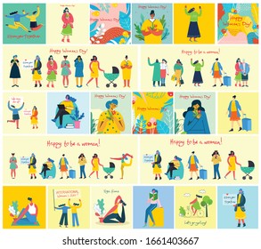 Colorful vector illustration concept cards of Happy Woman's internarional day. Happy female friends, union of feminists, sisterhood holding the placard in flat design