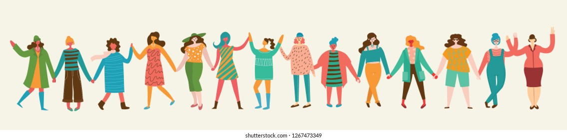 Colorful vector illustration concept of Happy women or girls standing together and holding hands. Group of female friends, union of feminists, sisterhood in flat design