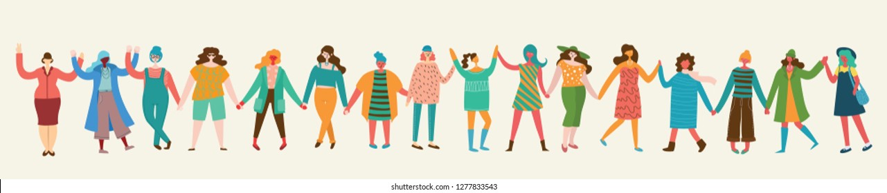 Colorful vector illustration concept of Happy women or girls standing together and holding hands. Group of female friends, union of feminists, sisterhood in flat design