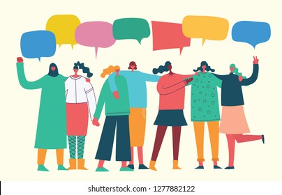Colorful vector illustration concept of Happy women and girls standing together and holding hands. Group of female friends, union of feminists, sisterhood in flat design