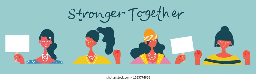 Colorful vector illustration concept of Happy women or girls . Group of female friends, union of feminists, sisterhood in flat design 