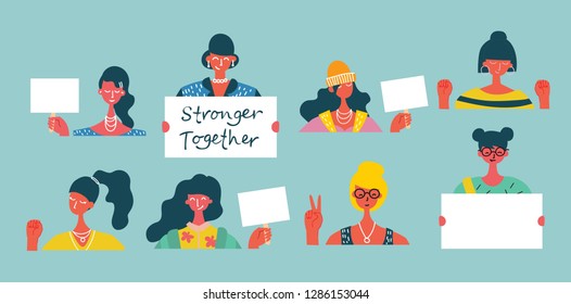 Colorful vector illustration concept of Happy women or girls activists with banners and placards . Group of female friends, union of feminists, sisterhood in flat design 