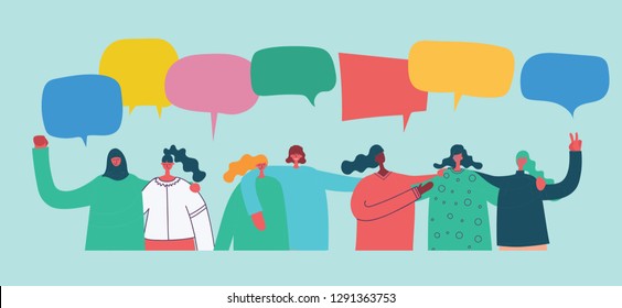 Colorful vector illustration concept of Happy women or girls activists with bubble speeches . Group of female friends, union of feminists, sisterhood in flat design