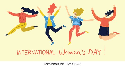 Colorful vector illustration concept of Happy Women's internarional day . Group of jumping happy female friends, union of feminists, sisterhood in flat design 