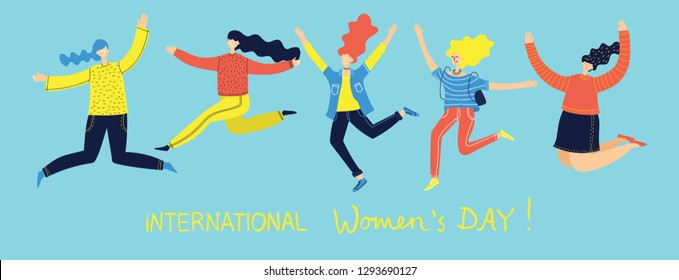 Farbiges Vektorgrafik-Konzept von Happy Women's International Day . Gruppe springender glücklicher Freundinnen, Vereinigung von Feministinnen, Schwesternschaft in flachem Design