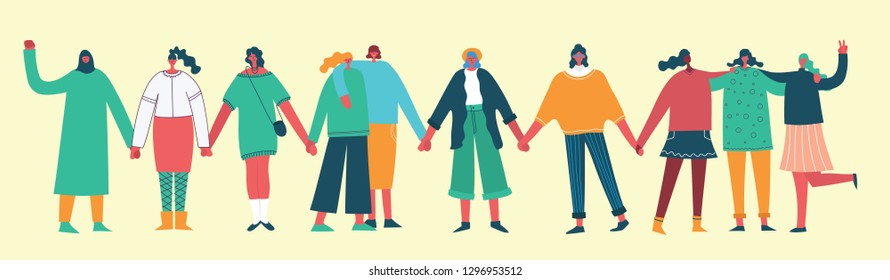 Colorful vector illustration concept of Happy Women's internarional day . Group of happy female friends, union of feminists, sisterhood holding hands in flat design